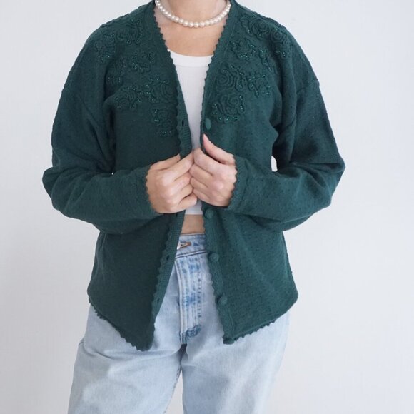 vintage Northern Traditions Hunter Green Knit Floral Beaded button-up Cardigan S - Picture 2 of 12
